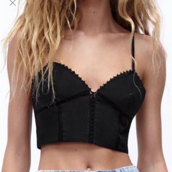 ZARA POPLIN TOP WITH LACE TRIMS BLACK M NWT - Picture 1 of 6